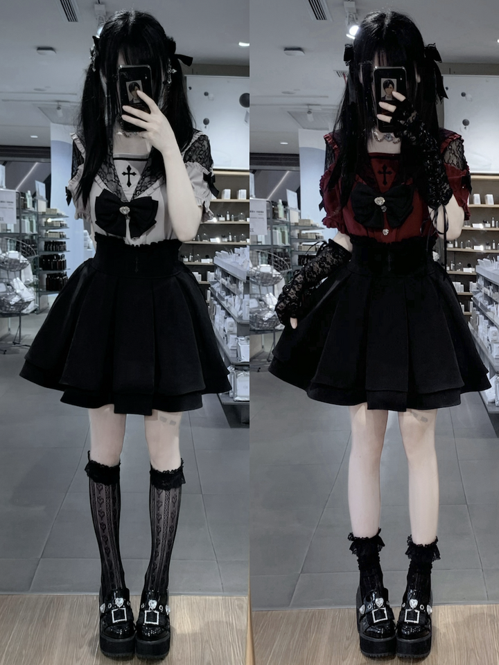 Sailor Collar Jirai Kei Blouse, High Waist Skirt, Embroidered Cross 37118:552550