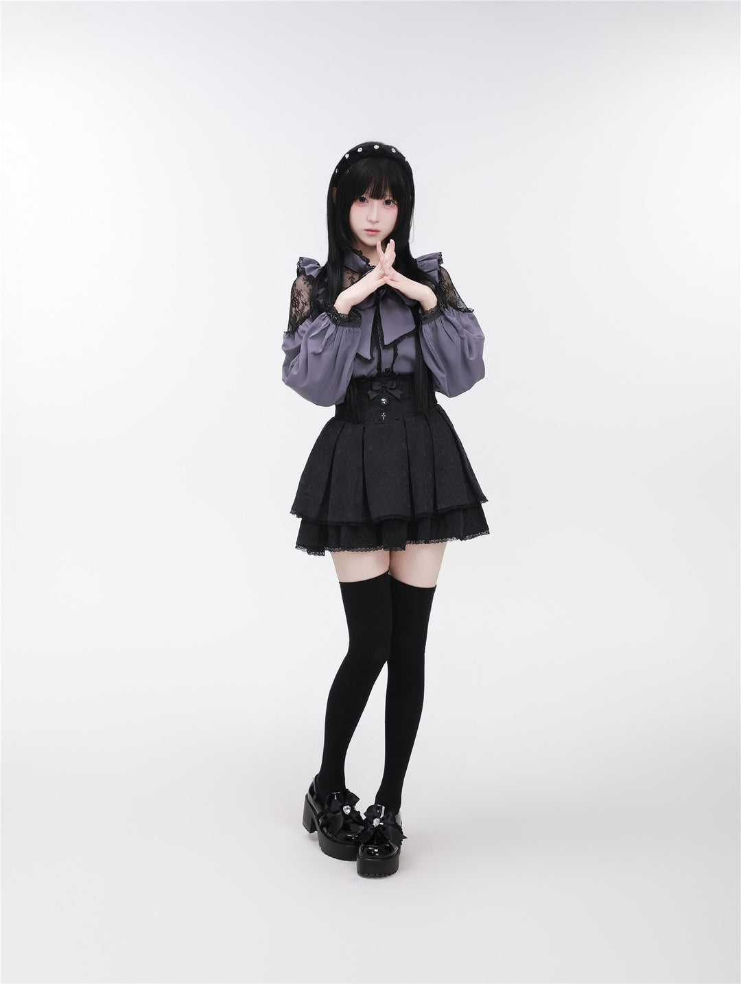 Jirai Kei Stand Collar Shirt with Lace Shoulder And Ribbon 42748:751800