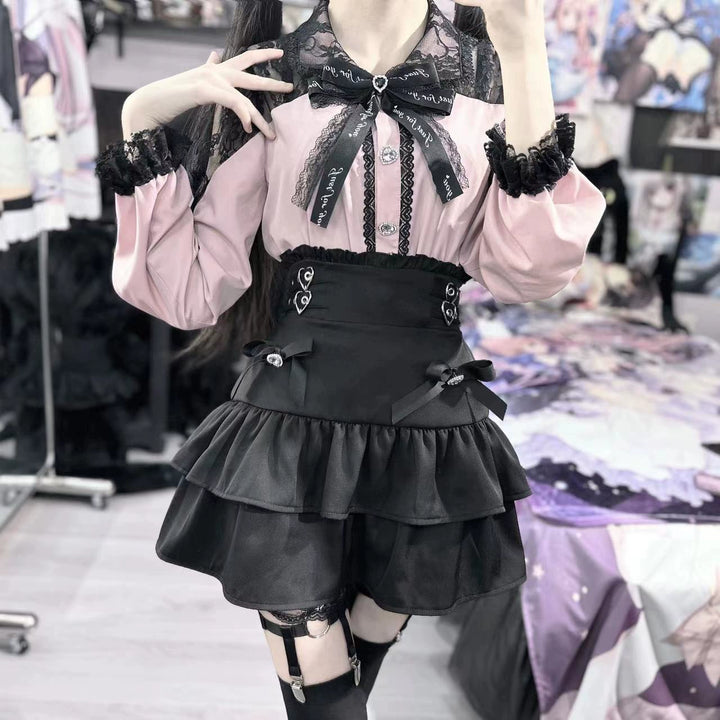 Jirai Kei Skirt Set Lace Collar Blouse A-line Skirt Set 39534:628792