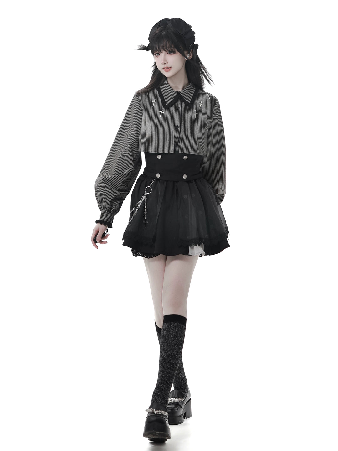 Gothic Striped Blouse, Black Skirt Set 44172:800240