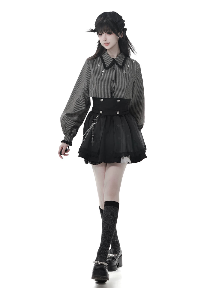 Gothic Striped Blouse, Black Skirt Set 44172:800240