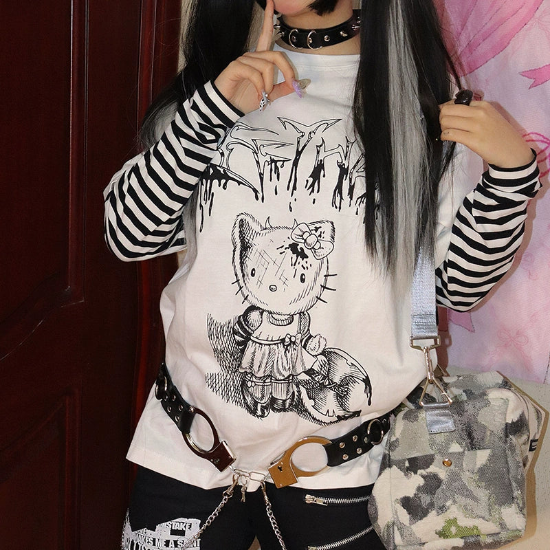 Punk Top Y2K Shirt False Two Striped Long Sleeve T-shirt (L M) 34484:538278 (L M) 34484:538278