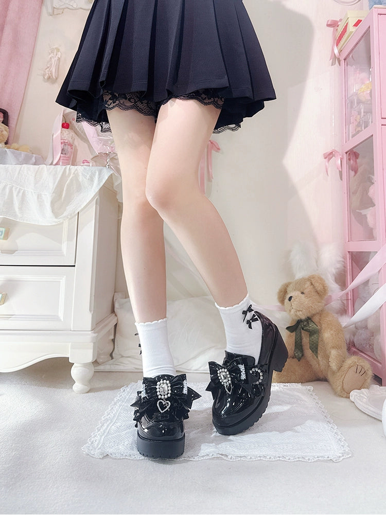 Jirai Kei Mid-Heel Loafer Shoes, Detachable Bow Clips 44005:792716