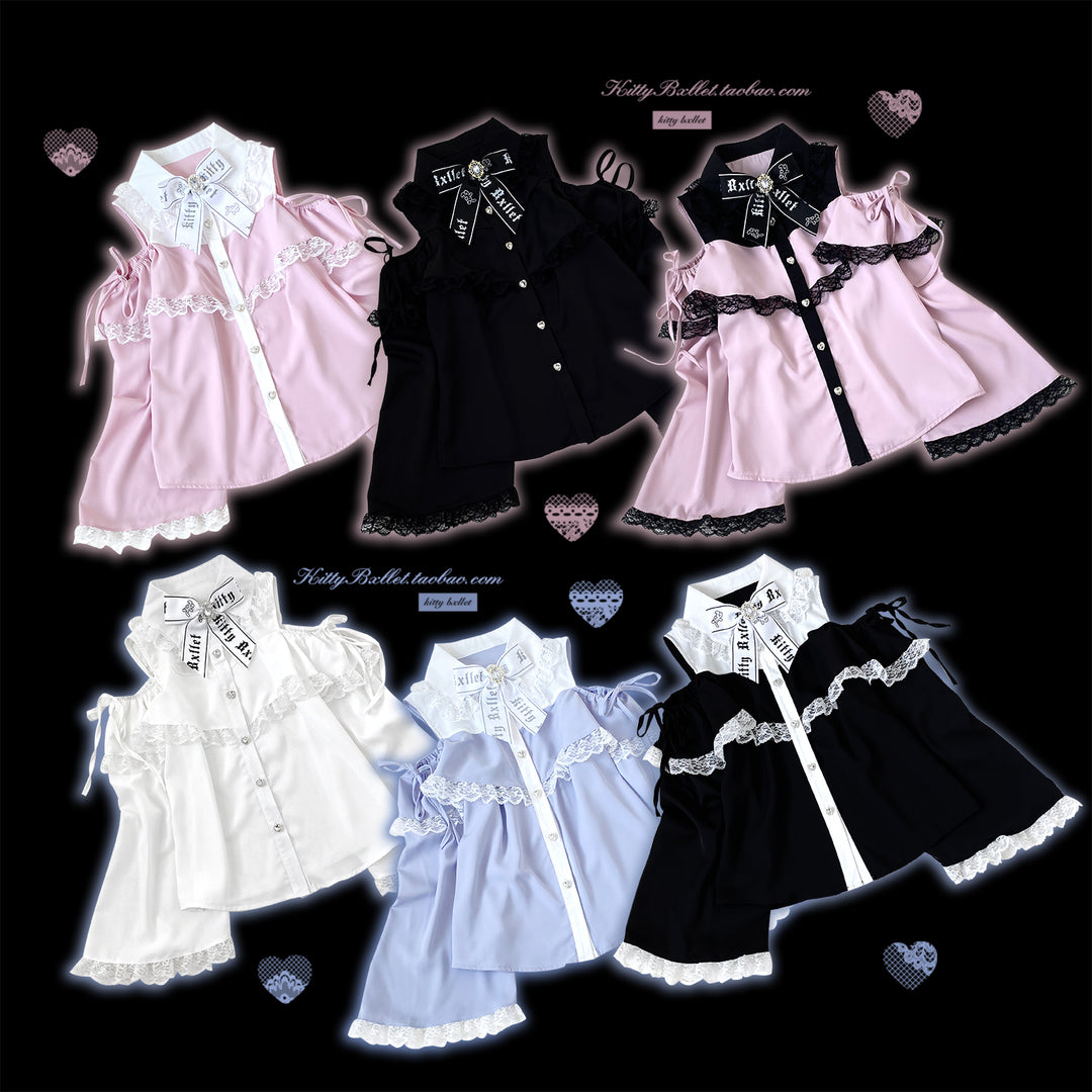 Open Shoulder Jirai Kei Blouse with Lace Trim & Princess Sleeves 42618:746822