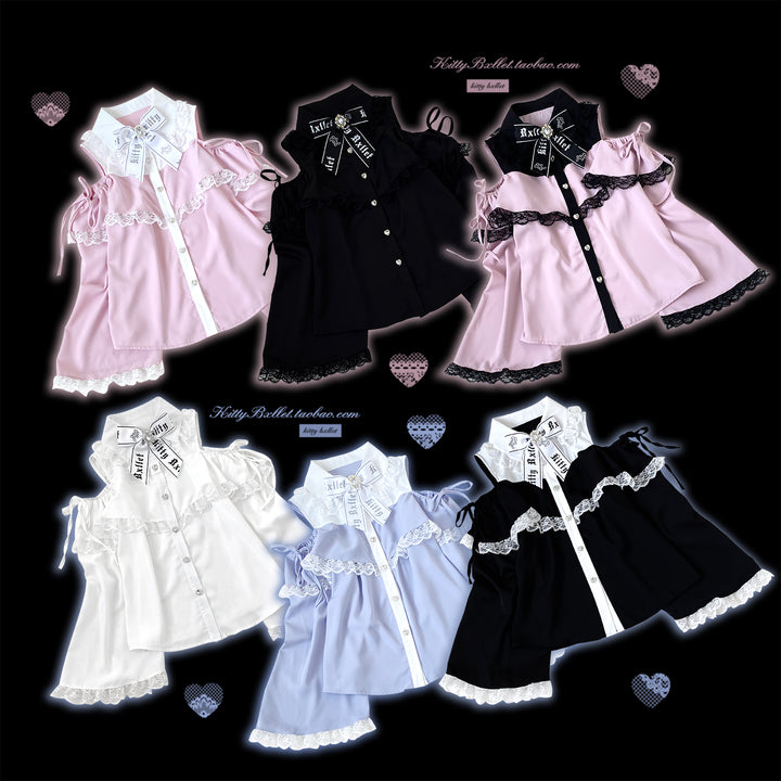 Open Shoulder Jirai Kei Blouse with Lace Trim & Princess Sleeves 42618:746822