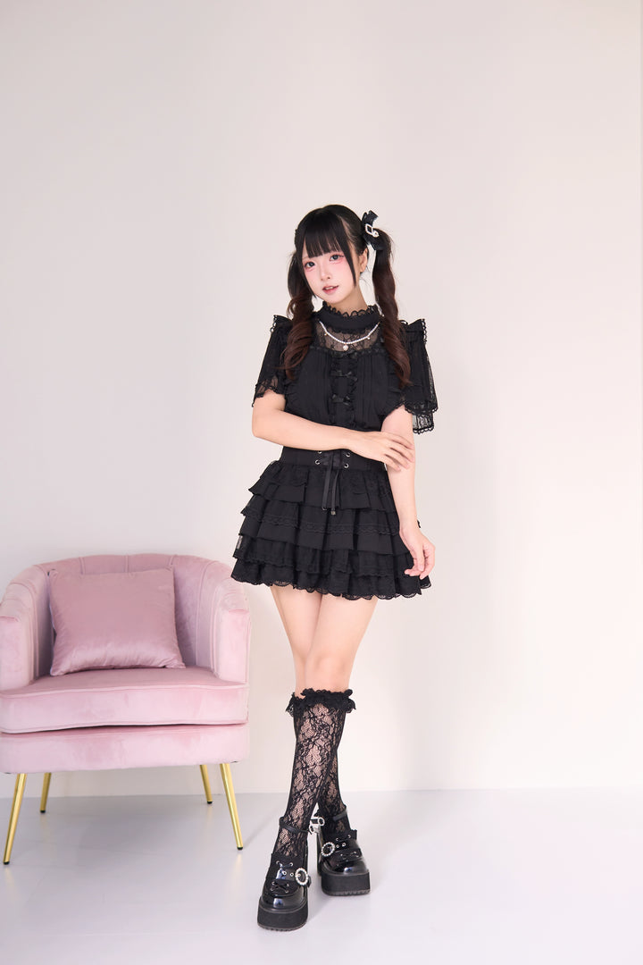 Jirai Kei Pearl Necklace Blouse, Lace-up Cake Skirt Set 43019:765682