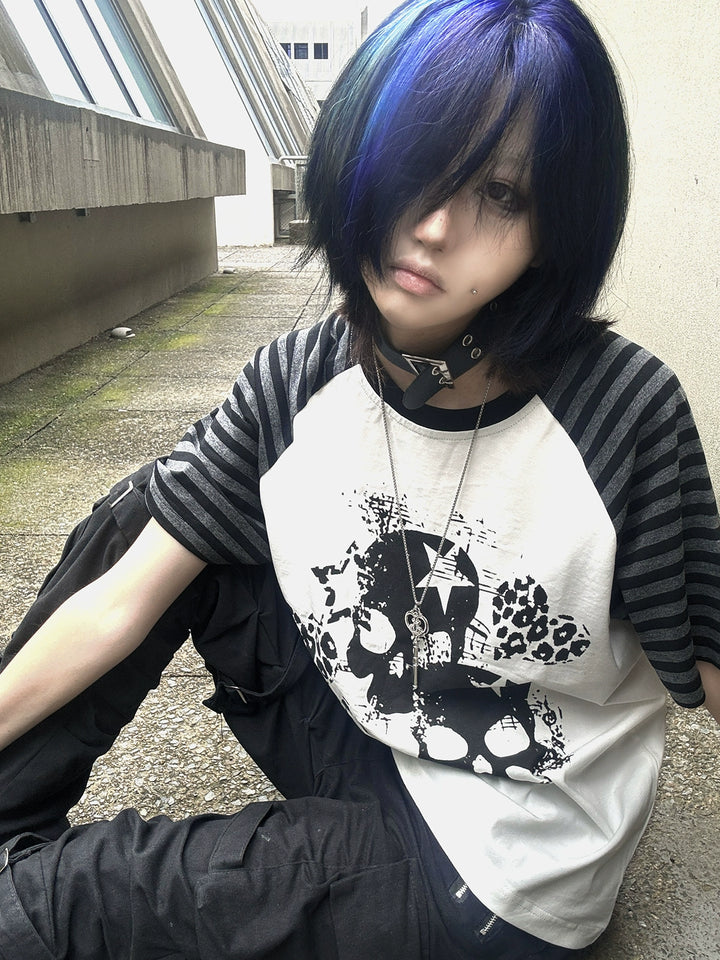 Cotton Subculture T-shirt, Gothic Skull & Leopard Heart Print 43225:771683