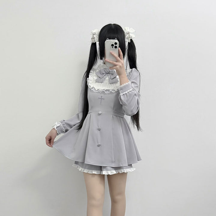 Plus Size Jirai Kei Long Sleeve Dress Set With Lace Wrist Bow Multicolor 41688:710574