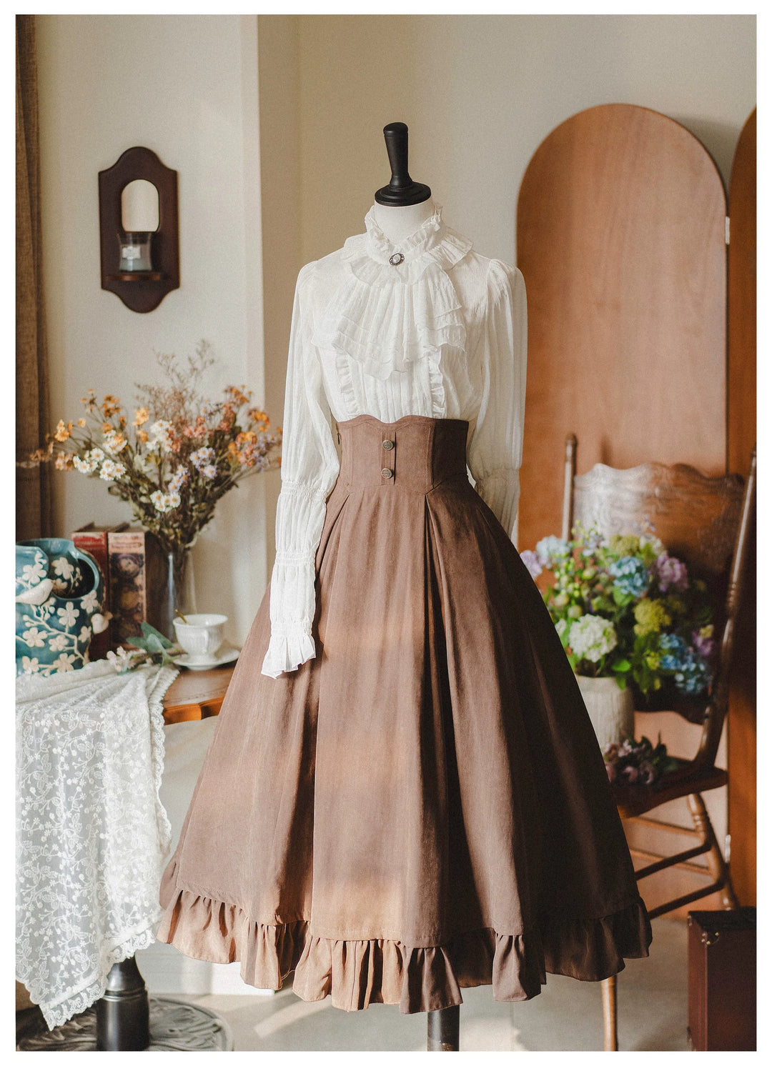 Classic Lolita A-Line Skirt + Button-Front Vest + White Blouse 40944:770409