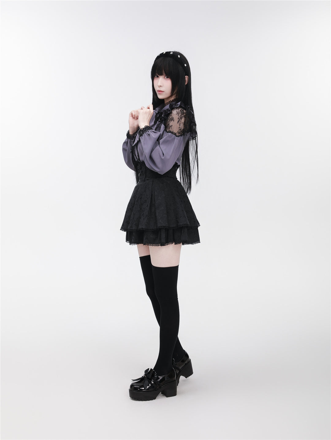 Jirai Kei Stand Collar Shirt with Lace Shoulder And Ribbon 42748:751806