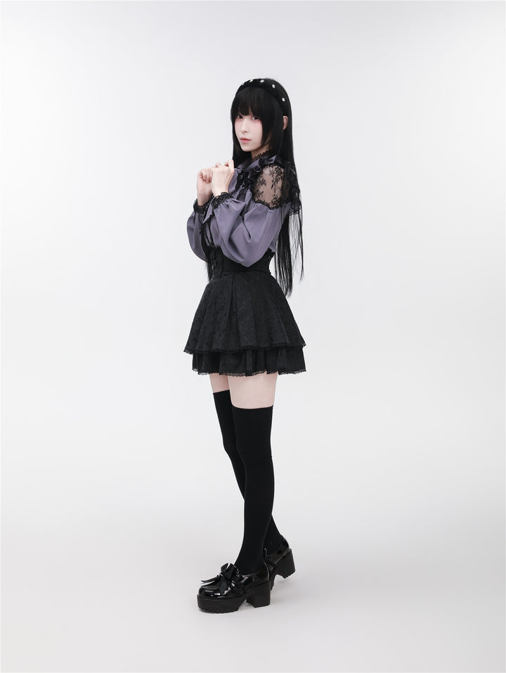 Jirai Kei Stand Collar Shirt with Lace Shoulder And Ribbon 42748:751806