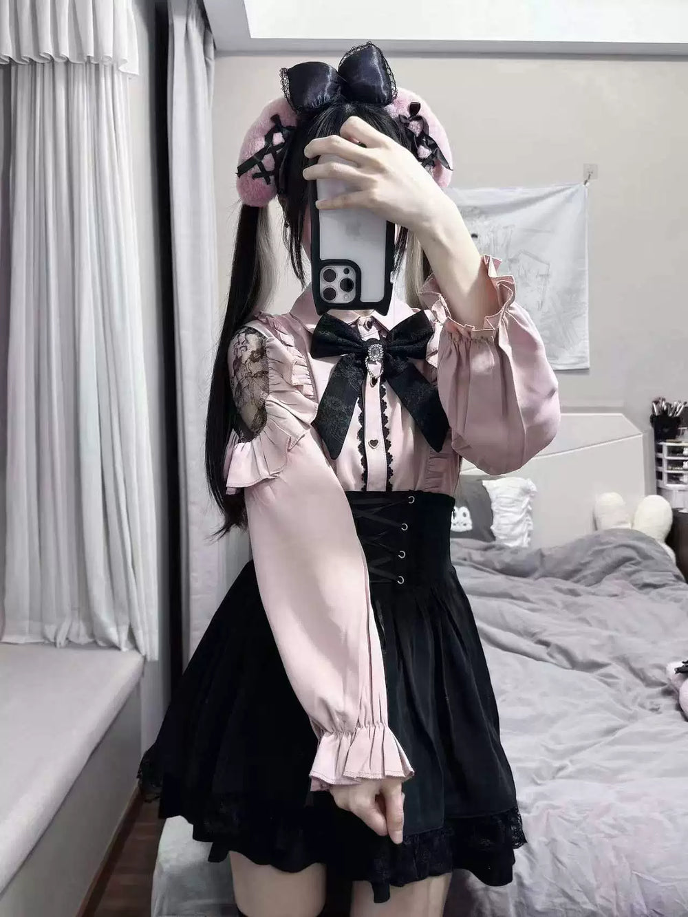 Jirai Kei Set Up, Lace Cut-out Shoulder Shirt (2XL L M S XL) 44891:827014