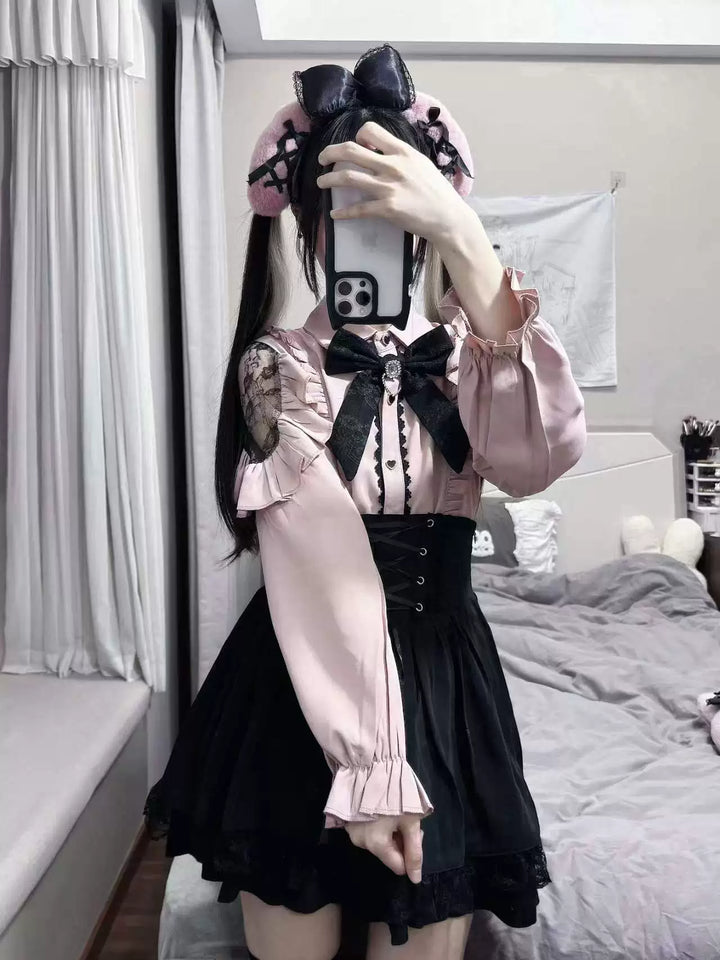 Jirai Kei Set Up, Lace Cut-out Shoulder Shirt (2XL L M S XL) 44891:827014