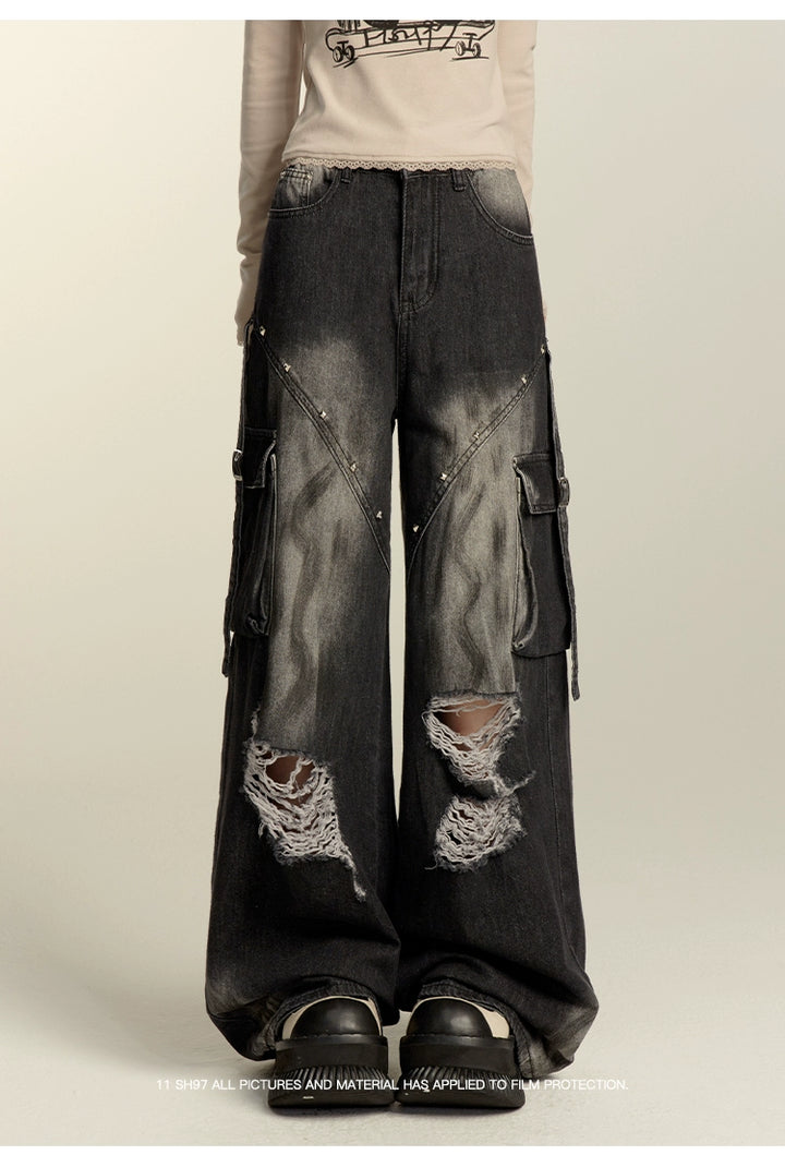 Punk Pants Black Straight Wide Leg Ripped Jeans Autumn 39760:642198