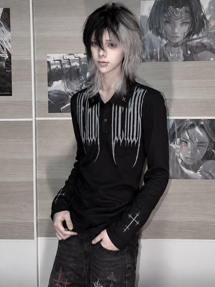 Unisex Gothic Polo Long Sleeve Tee, Red Cross 46068:875077