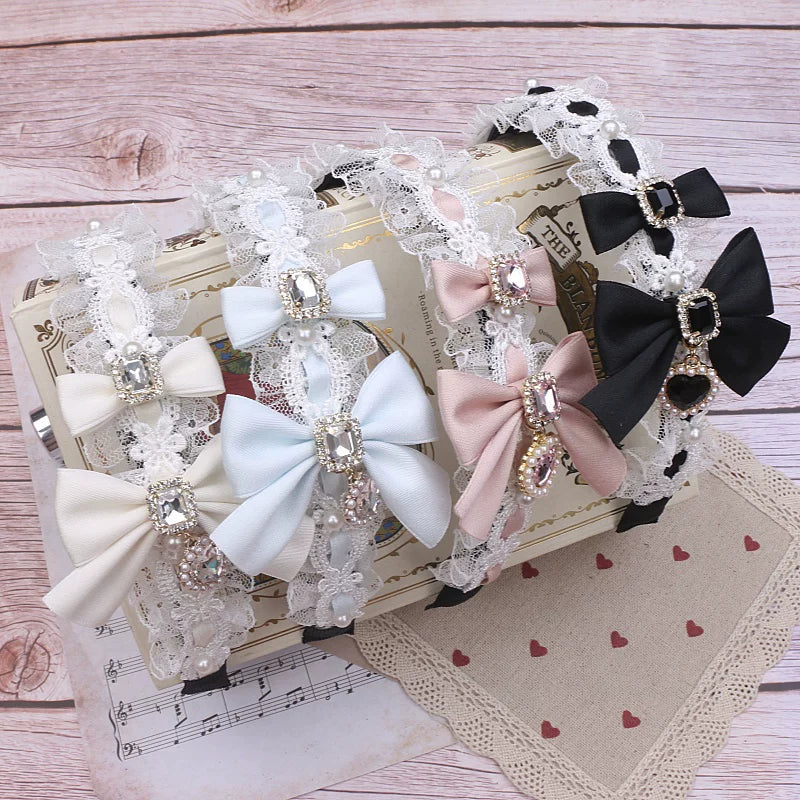 Jirai Kei Lace & Ribbon Headband, Heart-Shaped Rhinestone 45076:837736