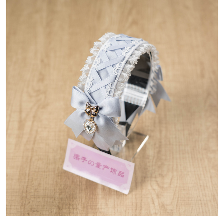 Ruffled Lace Jirai Kei Headband with Bows and Rhinestone 42485:742666