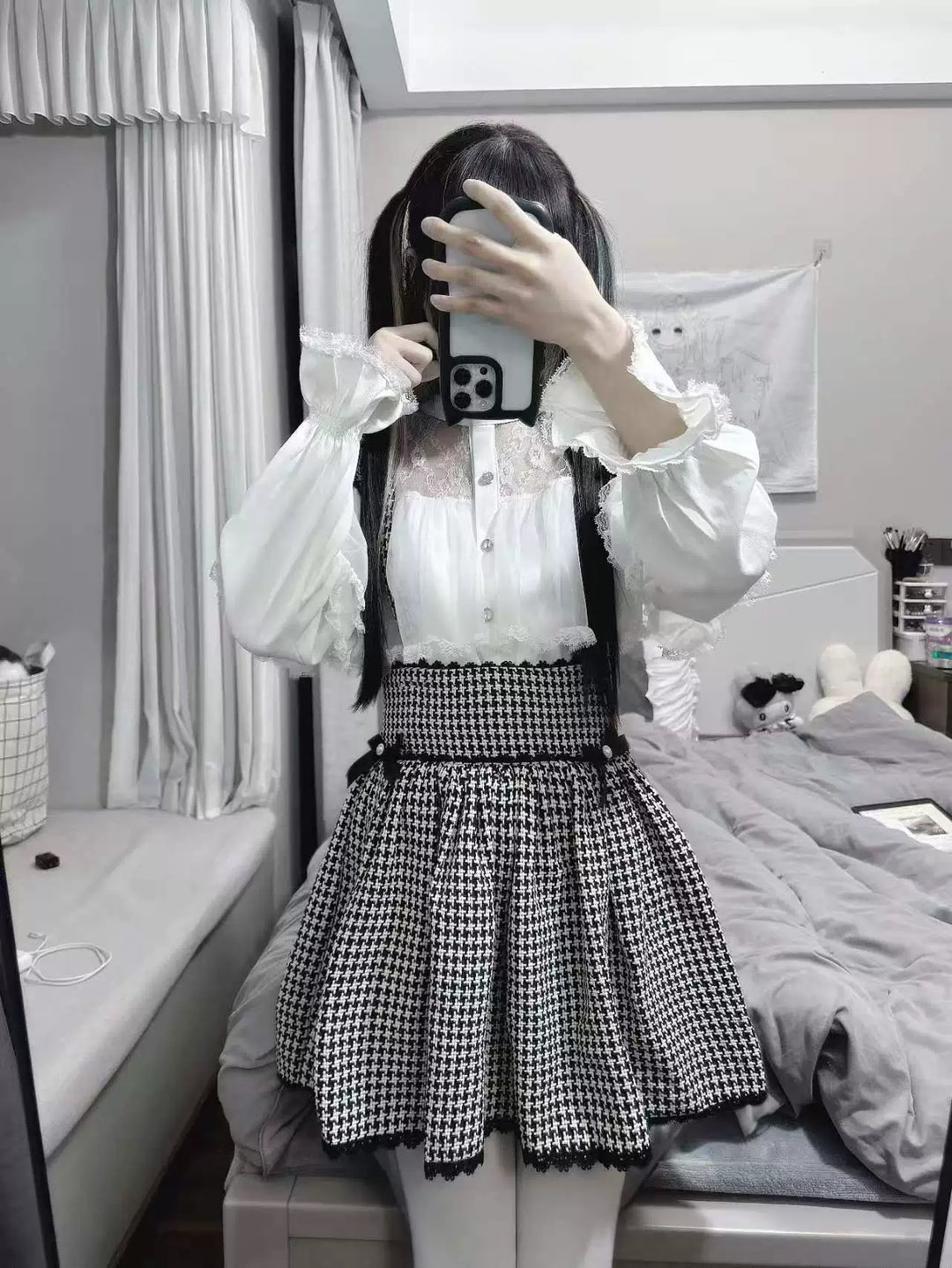 Jirai Kei Sheer Lace Shirt, Houndstooth Suspender Skirt 44894:827655