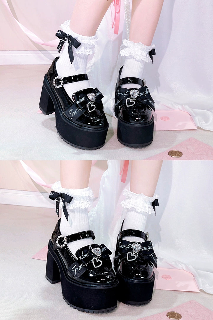 Jirai Kei Shoes Rhinestone Bow Platform Shoes With Shoe Clip 38042:594444