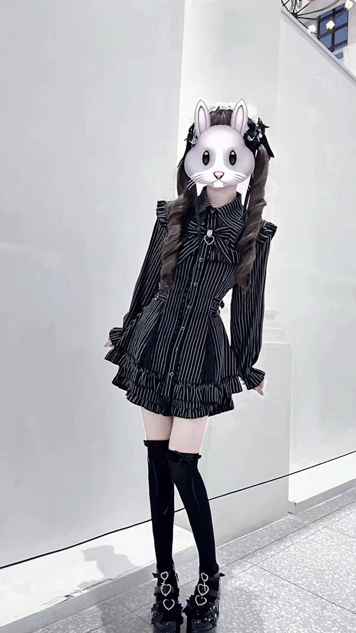 Striped Jirai Kei Dress Set, Elastic-Waisted Shorts 44295:805542