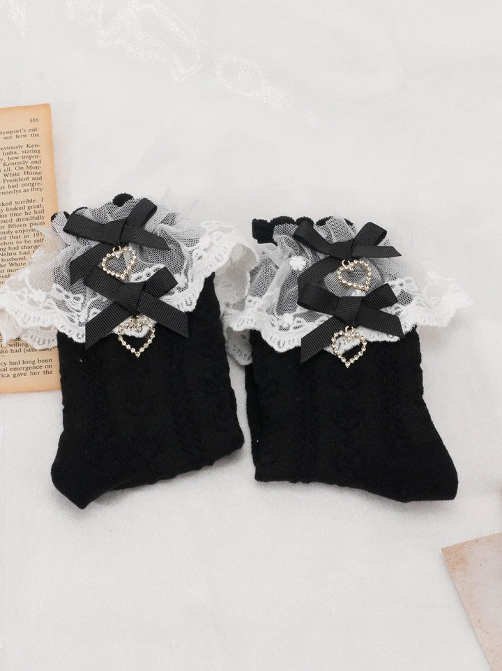 Lolita Mid-Calf Socks With Heart-shaped Rhinestone And Bow 21594:564554
