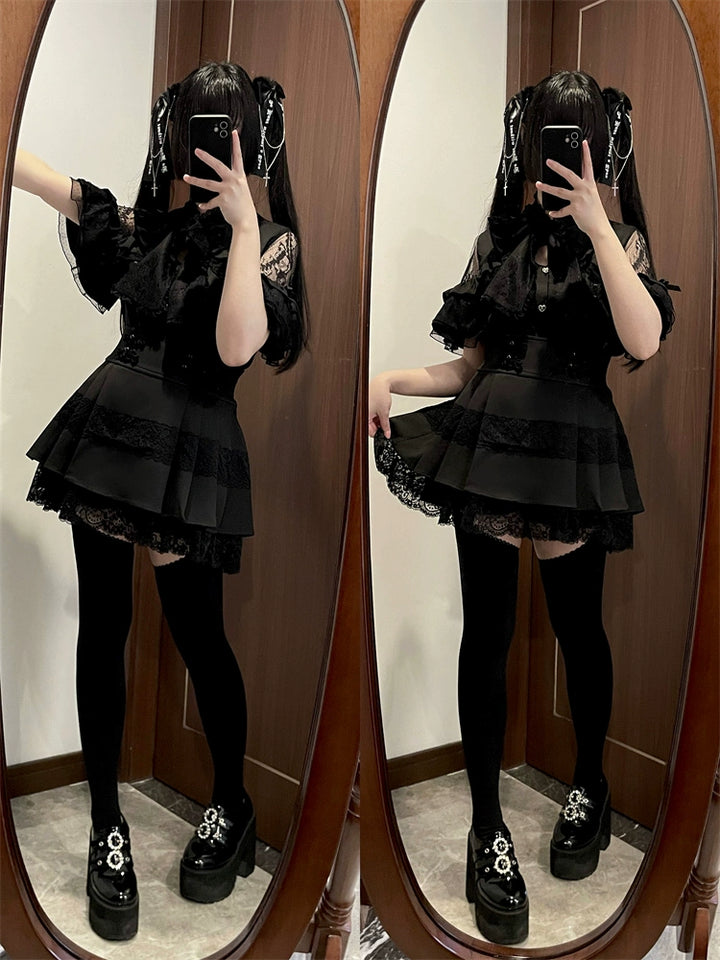 Jirai Kei Blouse Lace Open Shoulder Shirt Short Sleeve (L M S XL / Black) 37852:573318