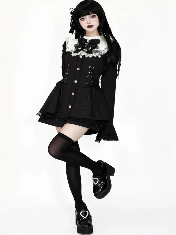 Jirai Kei Flared Sleeve Dress Set, Cross Accents 44369:807256