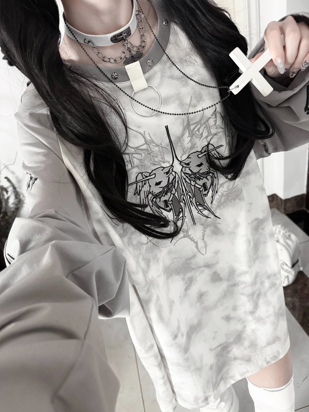 Gothic Long Sleeve Cotton T-Shirt, Demon Ram Embroidery 46062:875013