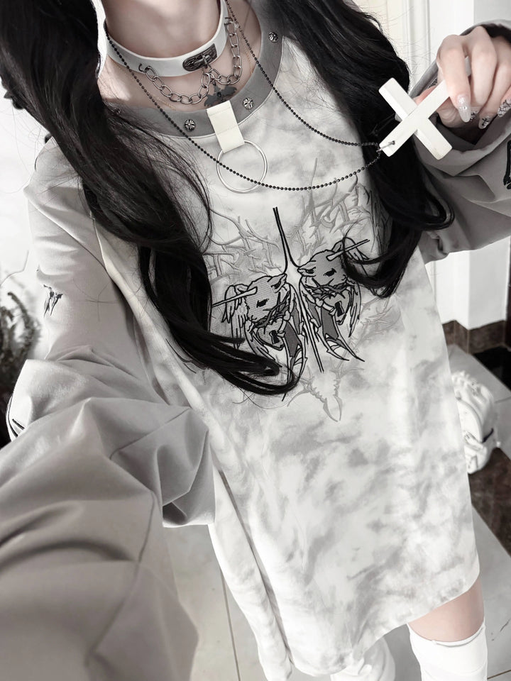 Gothic Long Sleeve Cotton T-Shirt, Demon Ram Embroidery 46062:875013