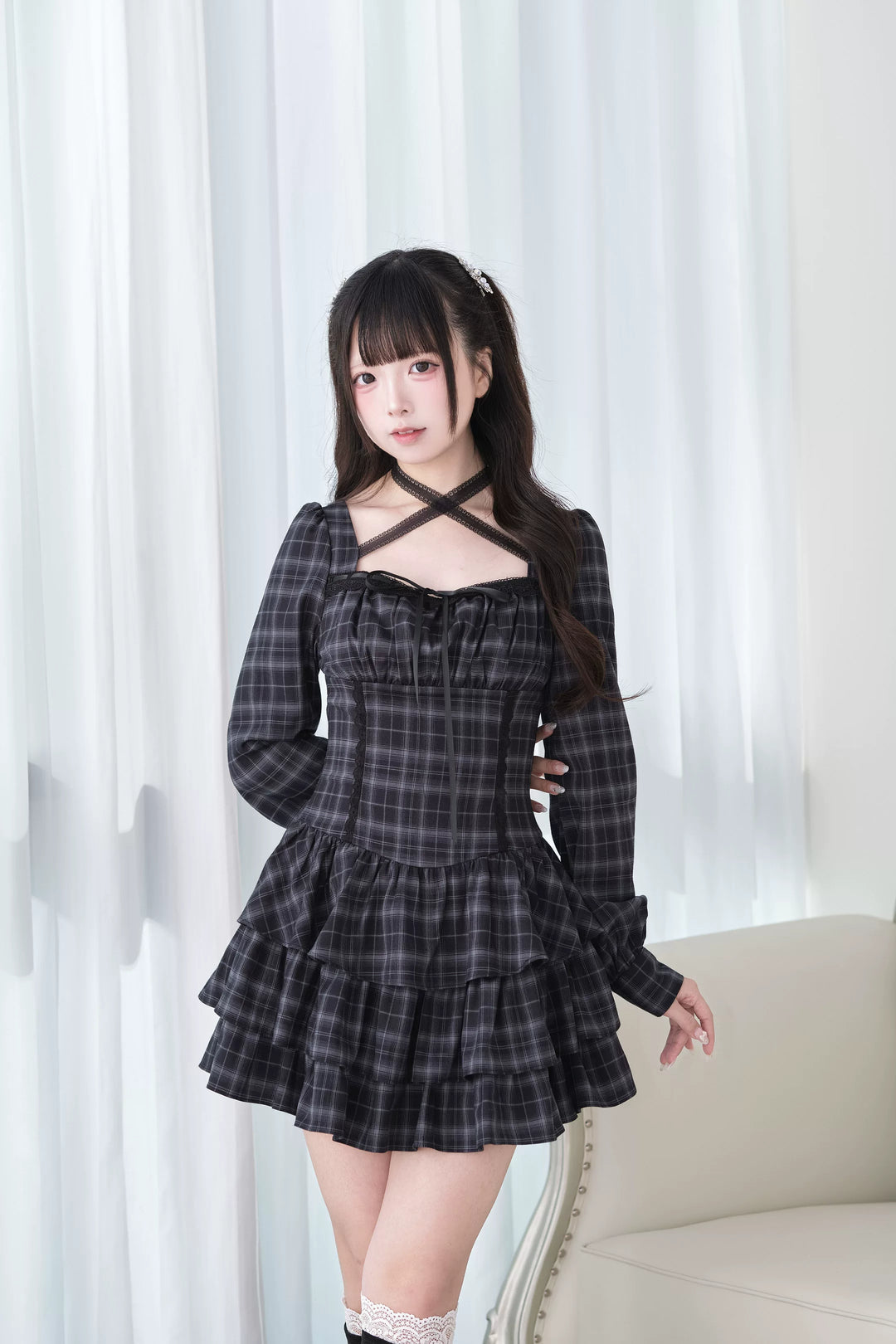 Jirai Kei Halter Neck Dress, Tiered Ruffles (M S) 44688:819239