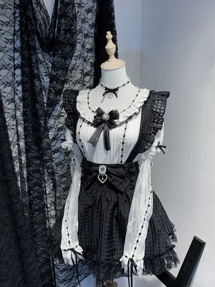 Short-Sleeved Jirai Kei Blouse with Choker and Tulle Cuffs 42862:755761