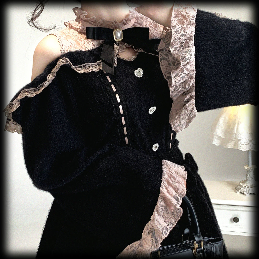 Jirai Kei Off-Shoulder Sweater, Lace Neck 44471:811042