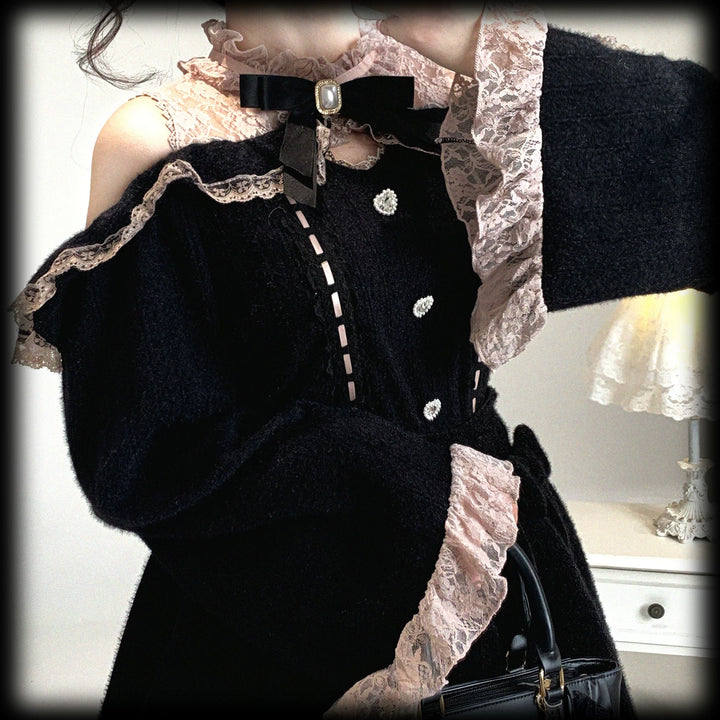 Jirai Kei Off-Shoulder Sweater, Lace Neck 44471:811042