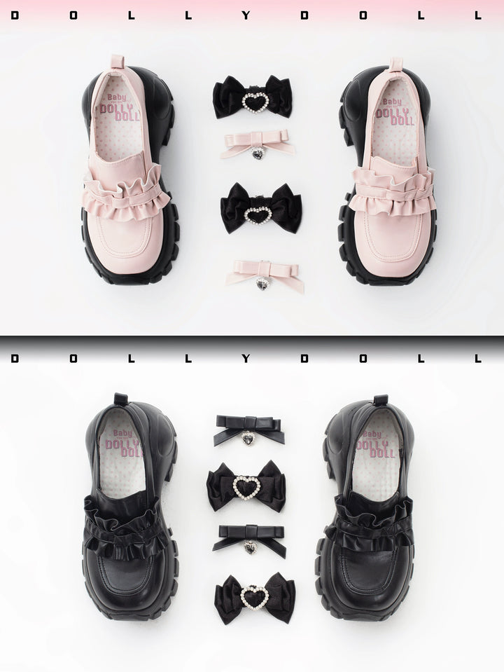 JK Uniform Pink Black Platform Shoes With Bow Ties 21892:332006