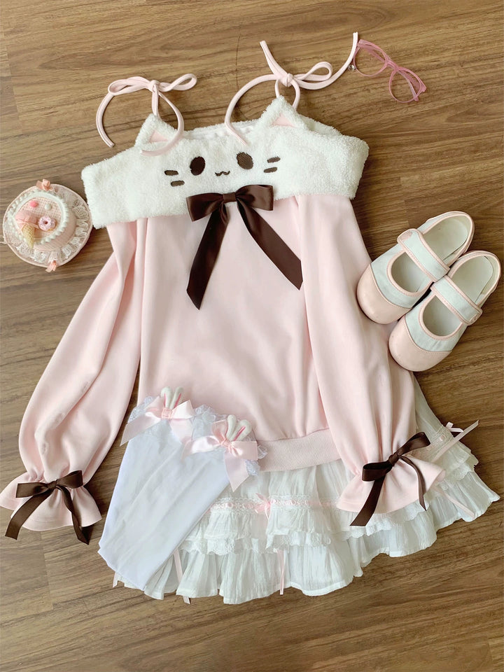 Off-Shoulder Kawaii Sweatshirt & Tiered Ruffle Skirt 43776:785330