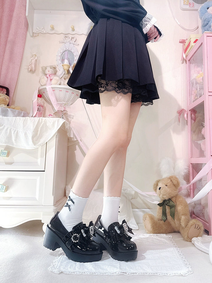 Jirai Kei Mid-Heel Loafer Shoes, Detachable Bow Clips 44005:792724