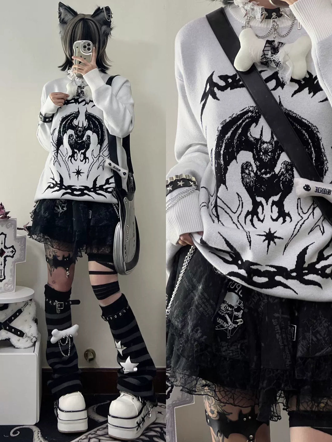 Punk Sweater White Bat Embroidered Sweater 39788:640204