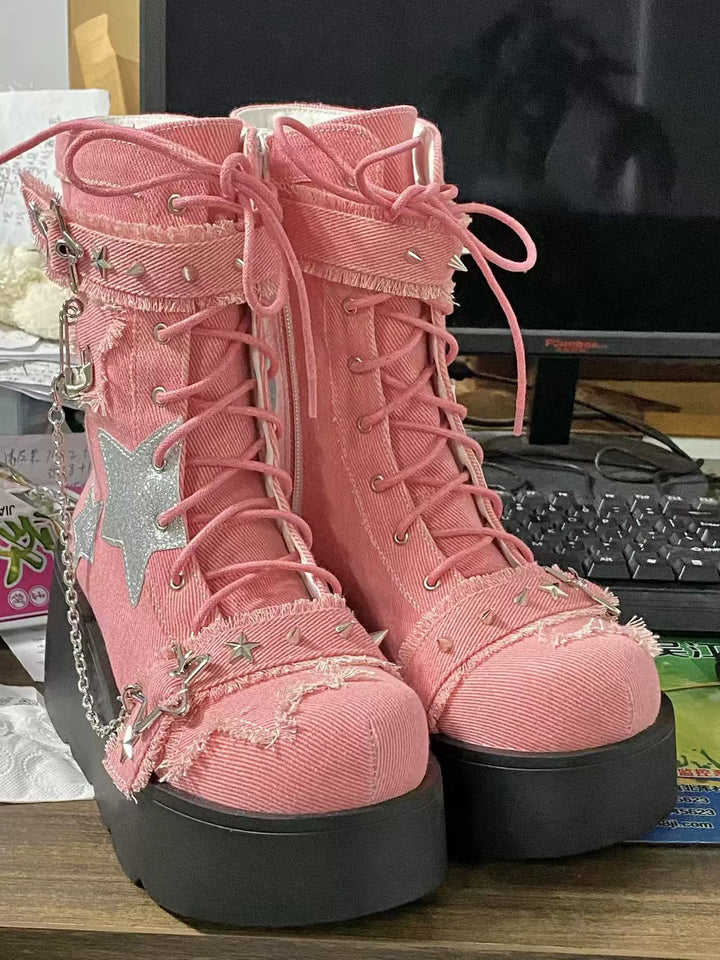 Y2K Platform Shoes Gyaru Fashion Boots Canvas Combat Boots 35060:487928