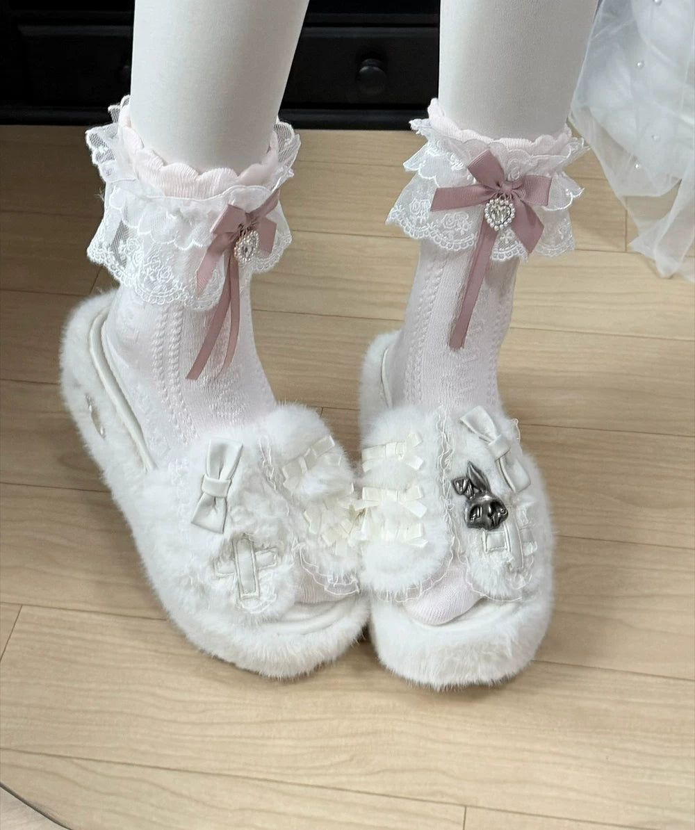 Jirai Kei Platform Wedge Slippers, Bunny Ears & Cross 46071:875431