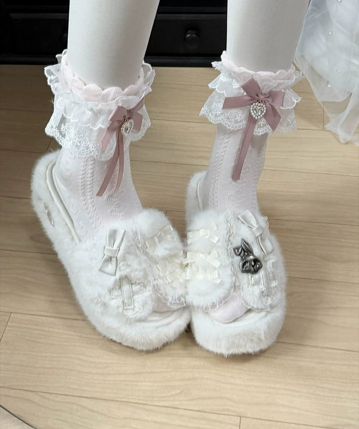 Jirai Kei Platform Wedge Slippers, Bunny Ears & Cross 46071:875431