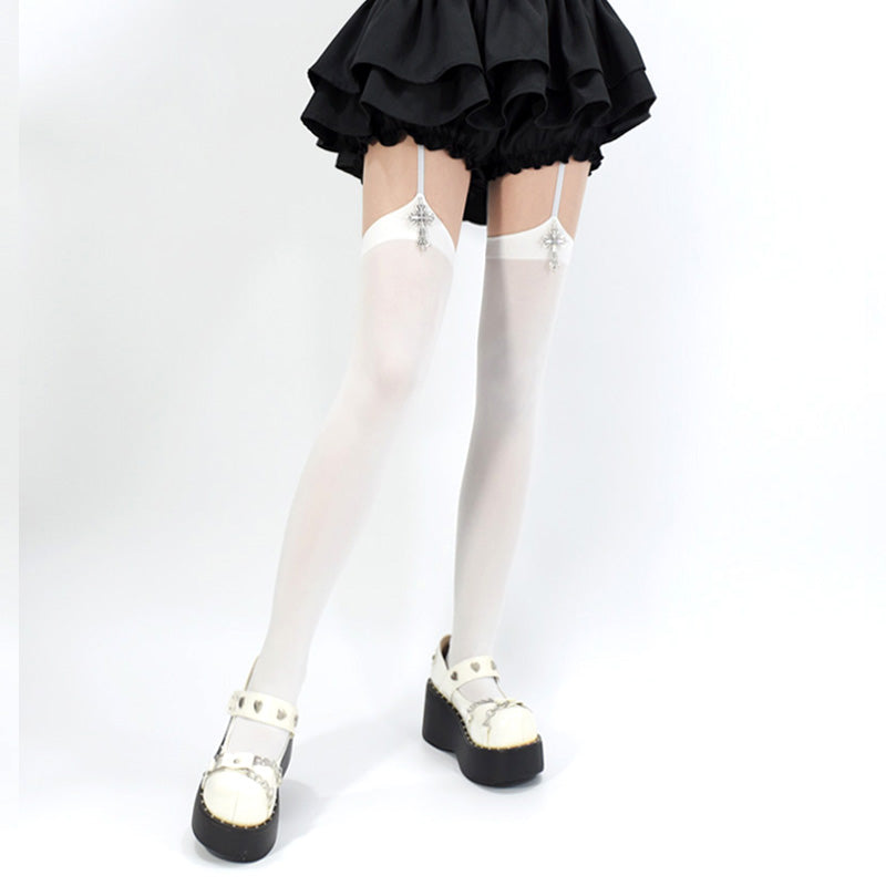 Solid Lolita Garter Stockings Velvet Socks with Cross Pendants 42603:746267