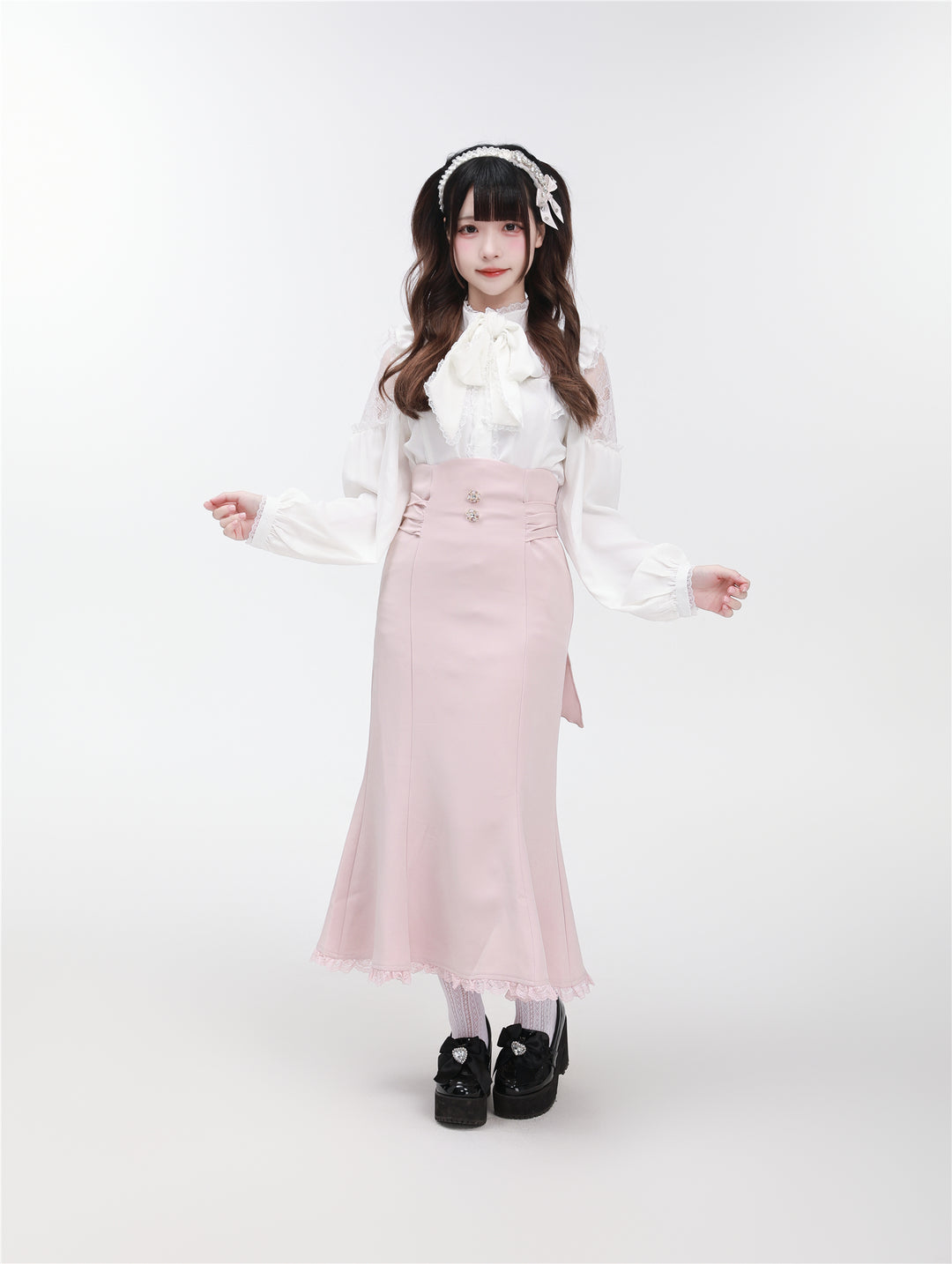 Jirai Kei Stand Collar Shirt with Lace Shoulder And Ribbon 42748:751811