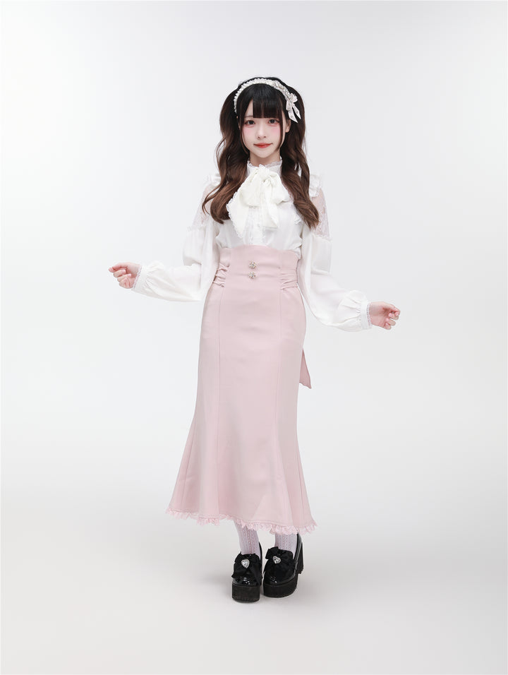 Jirai Kei Stand Collar Shirt with Lace Shoulder And Ribbon 42748:751811