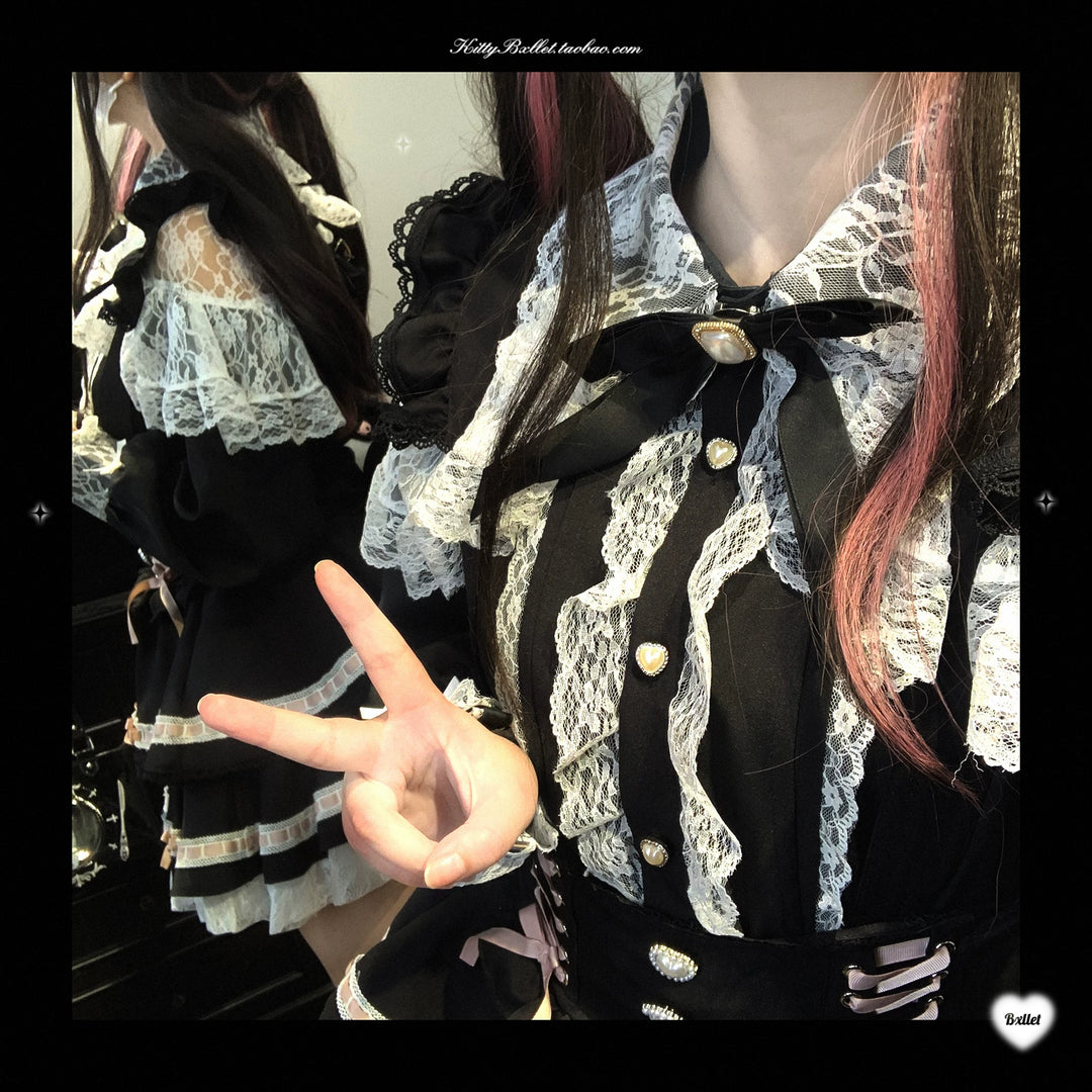 Lace Jirai Kei Blouse, Heart-Shaped Buttons 44757:823890