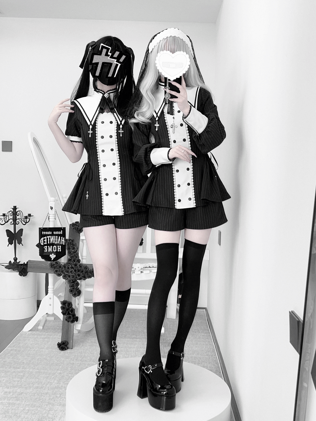 Striped Jirai Kei Set Up, Detachable Collar, Long/Short Sleeve Styles 43401:775800