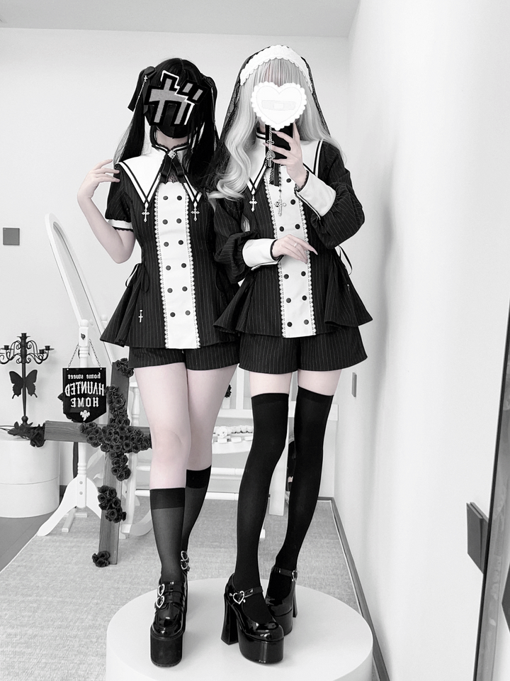 Striped Jirai Kei Set Up, Detachable Collar, Long/Short Sleeve Styles 43401:775800