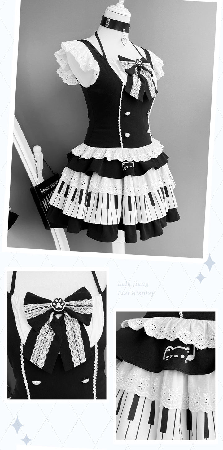 Halter Neck Kawaii Skirt Set, Cat and Piano Print 43577:780200