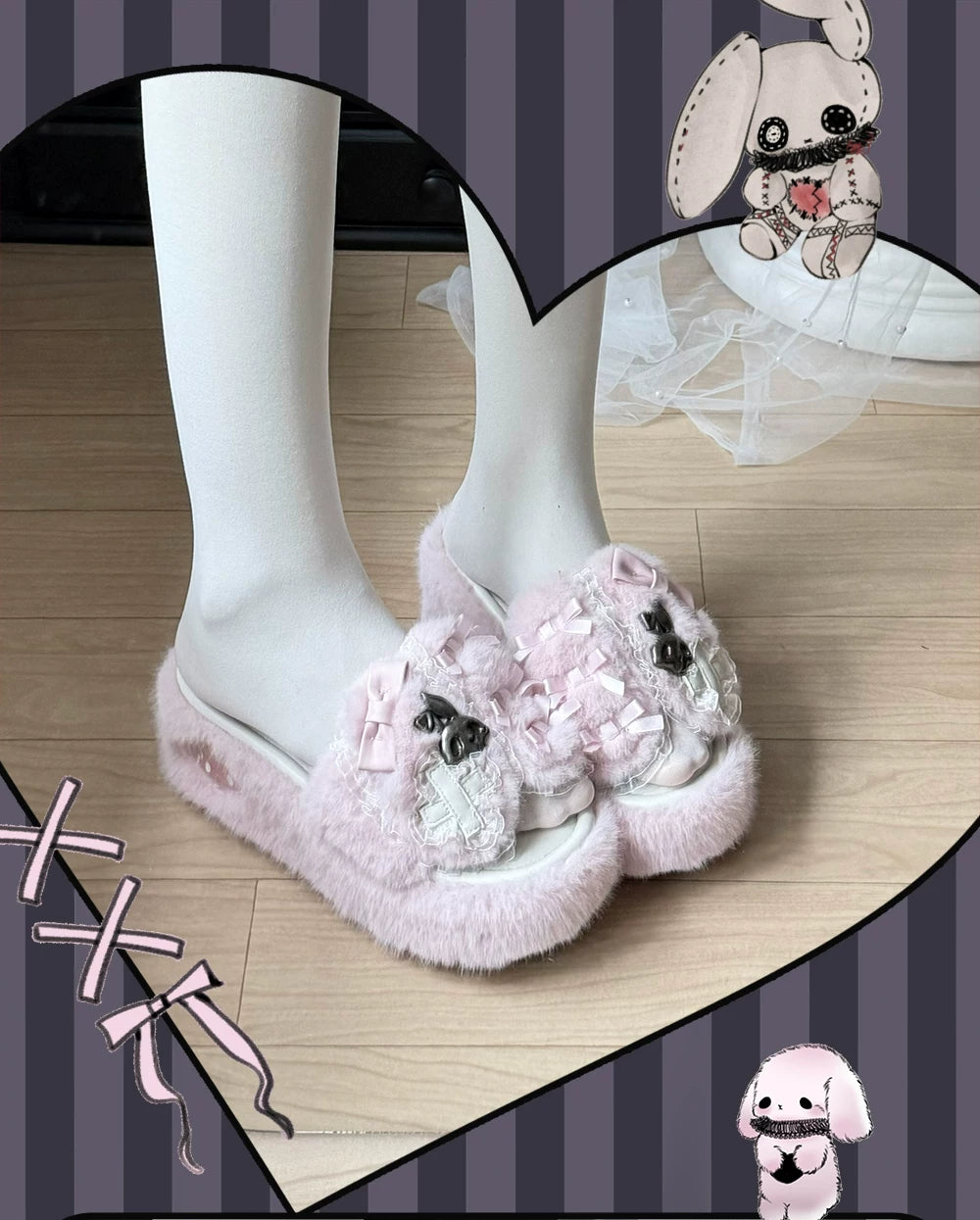 Jirai Kei Platform Wedge Slippers, Bunny Ears & Cross 46071:875422