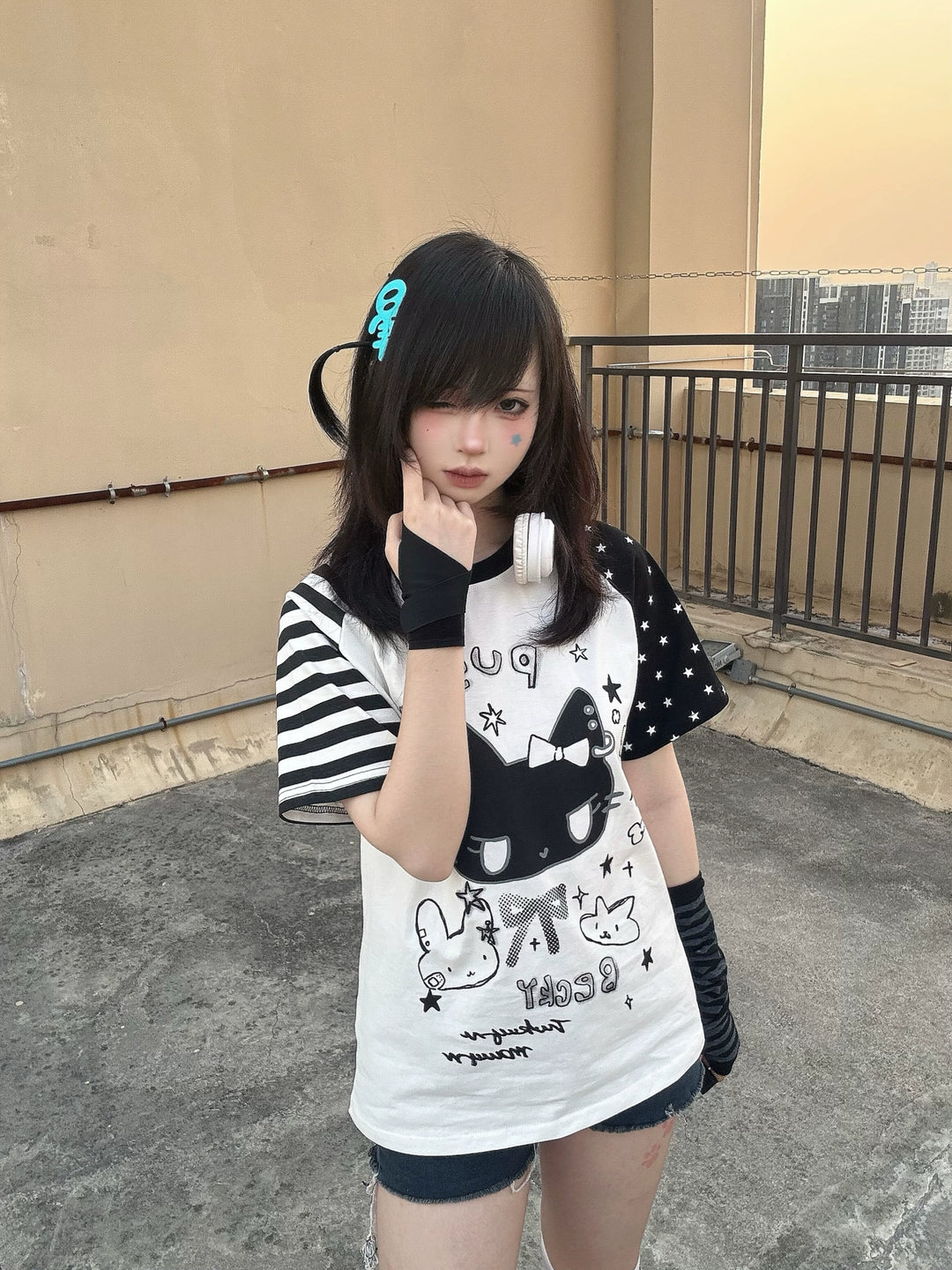 Kawaii Otaku Anime Cat Print Cotton Shirt Black & White 42851:755315