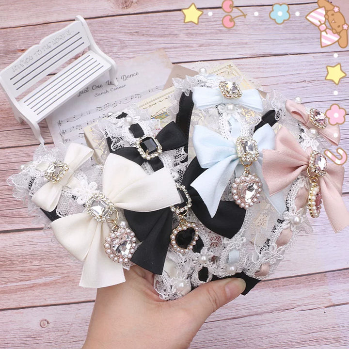 Jirai Kei Lace & Ribbon Headband, Heart-Shaped Rhinestone 45076:837726